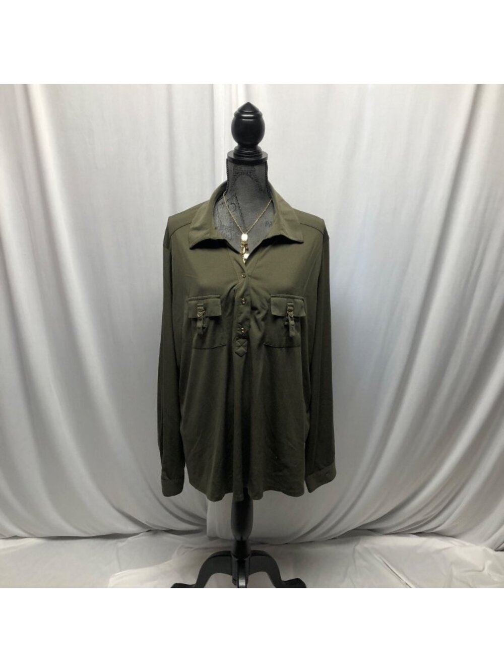 Stella Tweed Olive Green Button-Up Shirt Womens Size 3X Stretch Long Sleeve Top